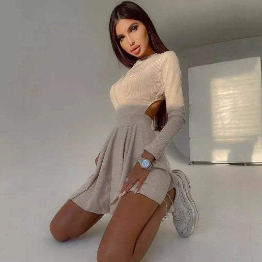 Y2K Long-sleeved Party Club Dress Solid Color Round Neck A-line Mini Skater Dress - Velora