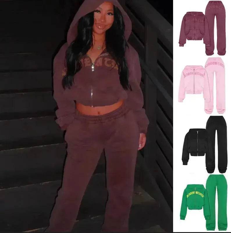 Ins Letter Sports Suit Zip-up Hooded Cropped Sweatshirt jogging pant tracksuit Fashion Womens Clothing Two piece joggers - Velora