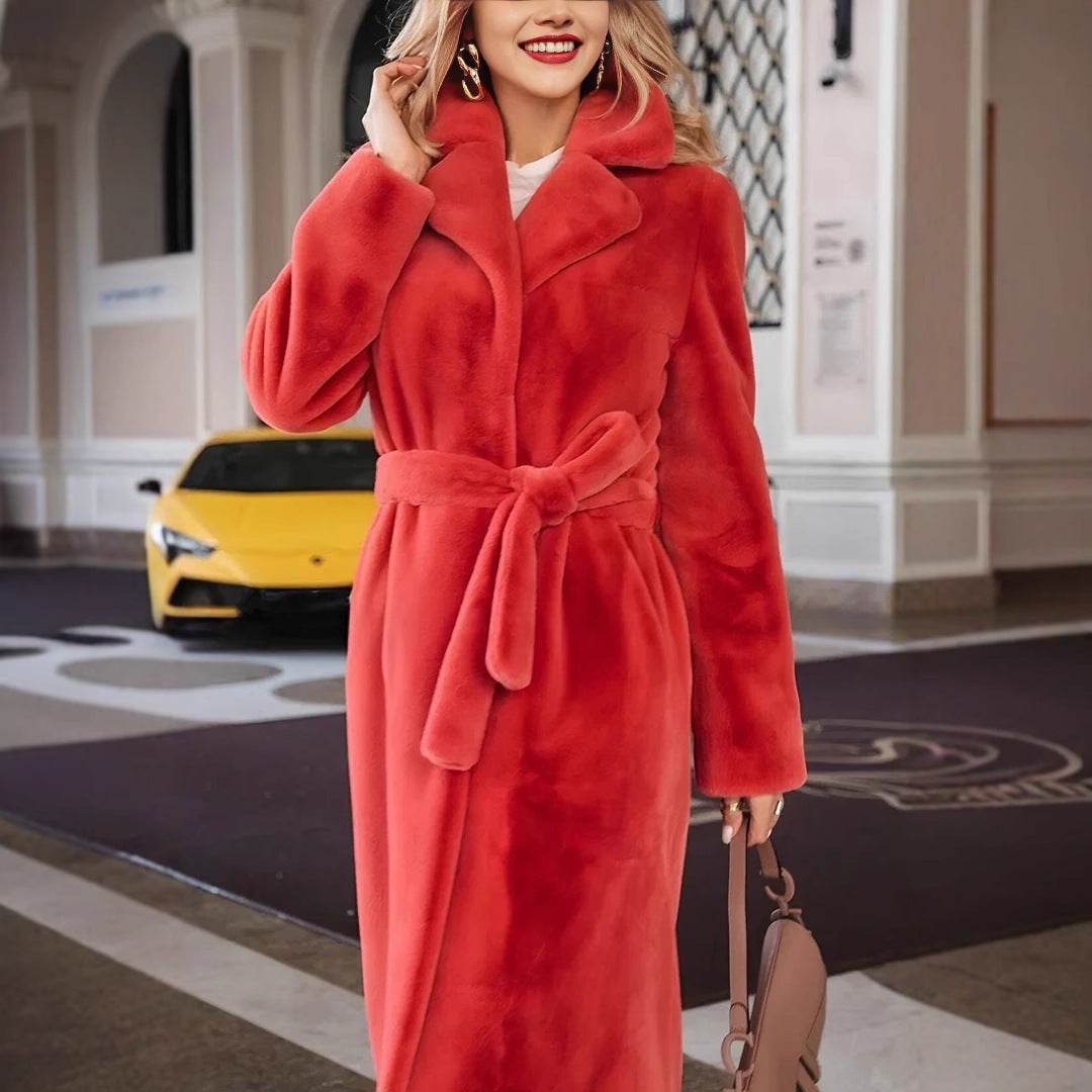 Women's Fashionable Elegant Lace-up Turn-down Collar Plush Long Coat - Velora