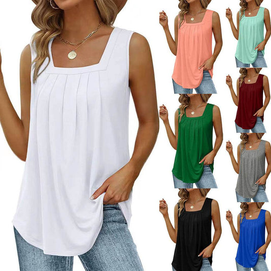 Summer cotton Tops For Women Loose Fit Pleated Square Neck Sleeveless Blouse Tops - Velora