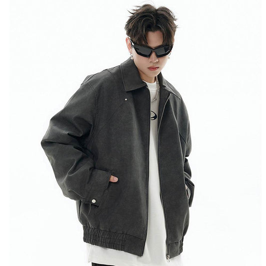 Men's Loose Casual Polo Collar Leather Coat - Velora
