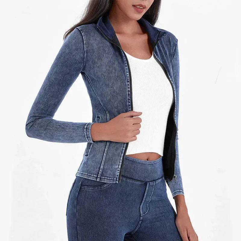 Fashion Slim fit Zipper High neck Denim Jacket for women - Velora