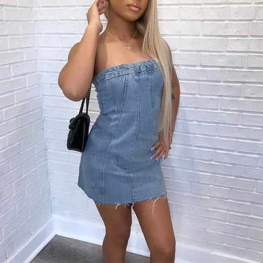 Fashion Backless Tube Denim Dress Summer Sexy Y2K Slim Short Dresses For Women Clothing - Velora