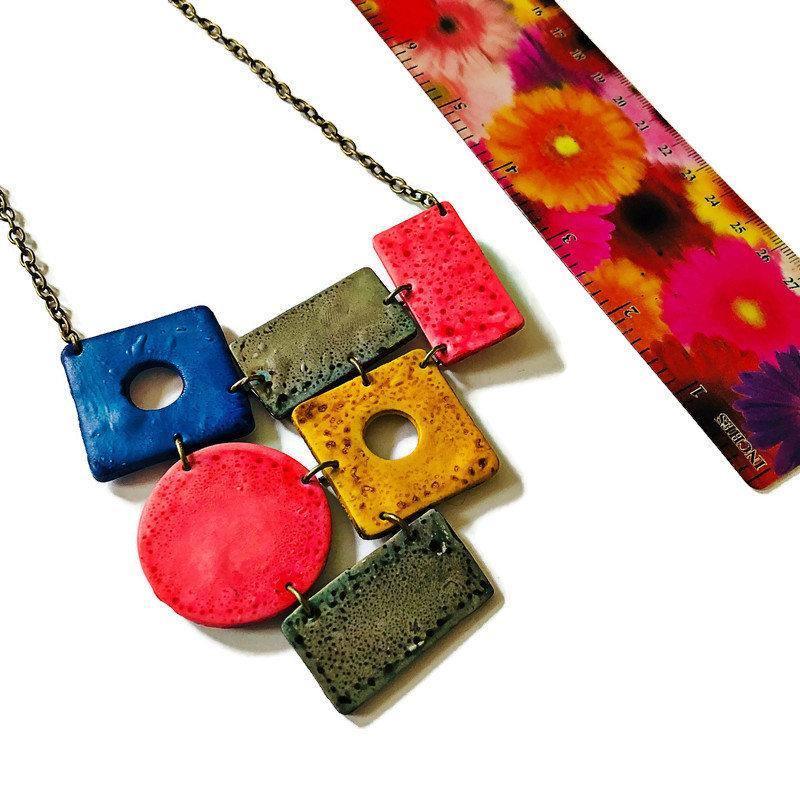 Big  Colorful Statement Jewelry Set with Wide Statement Necklace & Long Geometric Earrings - Velora Luxury Fashion