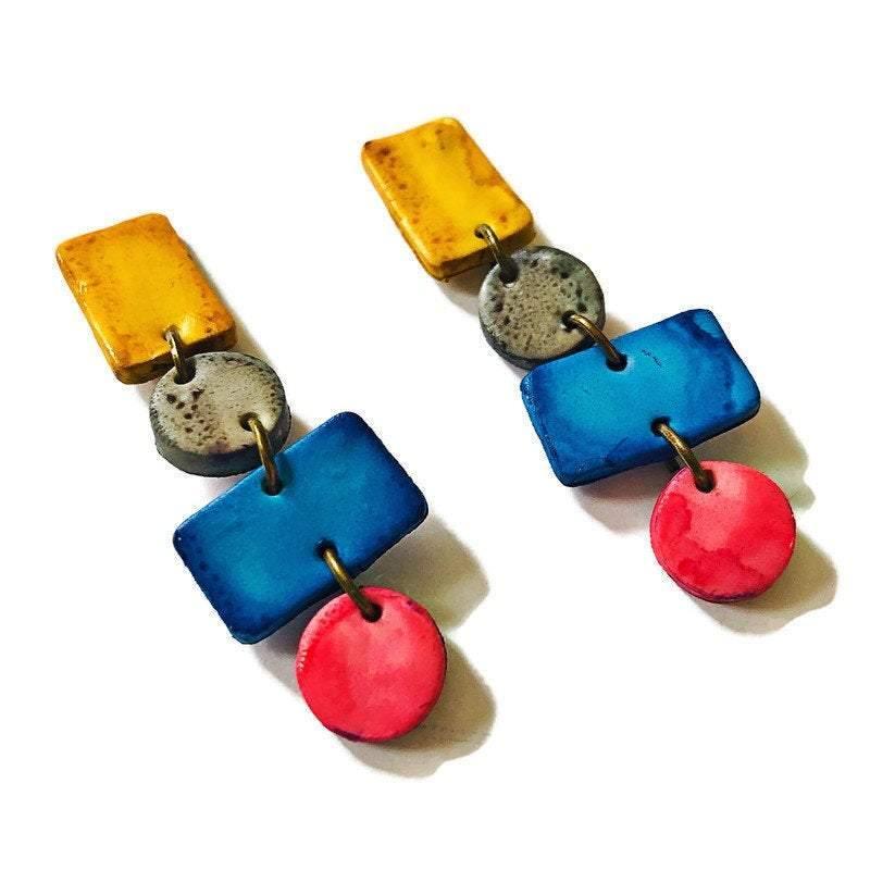 Big  Colorful Statement Jewelry Set with Wide Statement Necklace & Long Geometric Earrings - Velora Luxury Fashion
