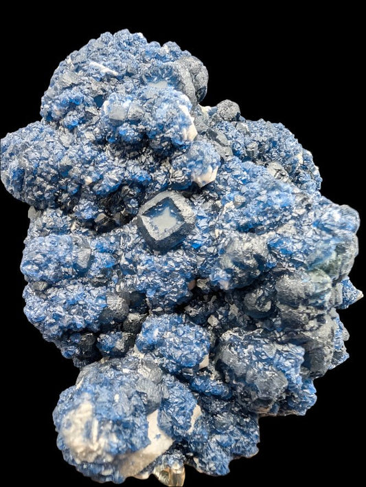 Blueberry Fluorite with Rare Cubic Window Formation & White Quartz – Huangganglang Mine (7" Museum Specimen)