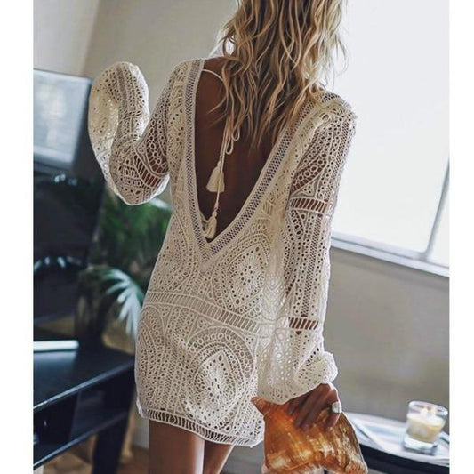 White Lace Backless Mini Dress for Women – Bohemian Summer Dress with Vintage Detailing - Velora