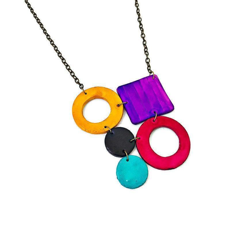 Bold Retro Statement Necklace with Multicolored Geometric Design, Clay Hand Painted - Velora Luxury Fashion