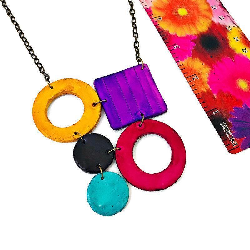 Bold Retro Statement Necklace with Multicolored Geometric Design, Clay Hand Painted - Velora Luxury Fashion