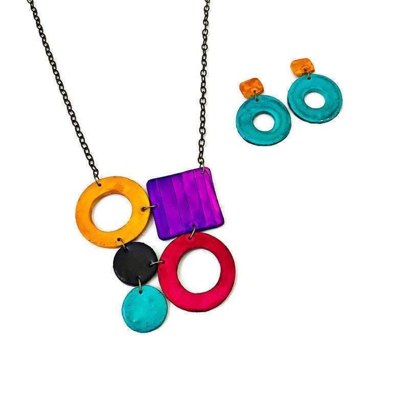 Bold Retro Statement Necklace with Multicolored Geometric Design, Clay Hand Painted - Velora Luxury Fashion