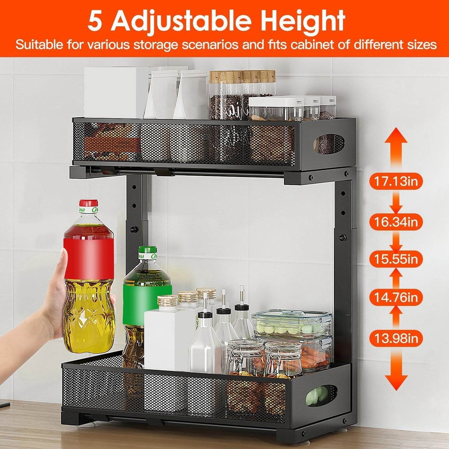 2Pcs Under Sink Organizer 2 Tier Pull Out Cabinet Baskets Storage Shelf Sliding Storage Drawers Rack With 5 Adjustable Height Mesh Baskets For Home Kitchen Bathroom Office - Velora