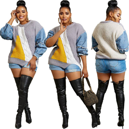 Women's Denim Knitted Patchwork Top - Velora