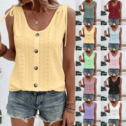 Casual summer U-neck Vest Women Shoulder With Bow Tie Summer blouse top - Velora