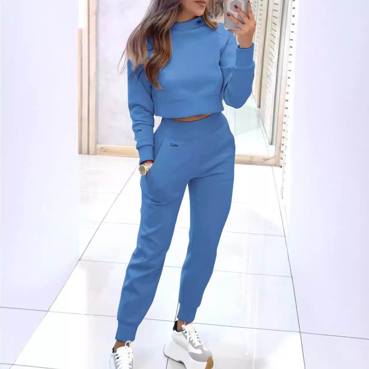 Stand Collar Sports Suit Fashion Pullover Long-sleeves Short Top And Slim Trousers With Pockets Solid Outfits Women's Clothing - Velora