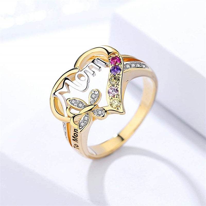 Mother's Day Gift Hollow Heart English Letter Love Mom Rhinestone Butterfly Finger Ring Jewelry Gift - Velora