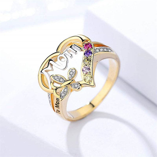Mother's Day Gift Hollow Heart English Letter Love Mom Rhinestone Butterfly Finger Ring Jewelry Gift - Velora