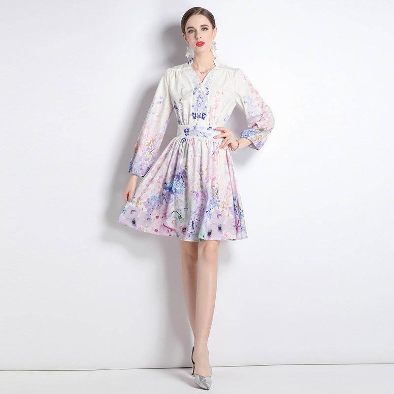 Elegant V-neck Vintage Floral Print Long Sleeves Dress Spring - Velora