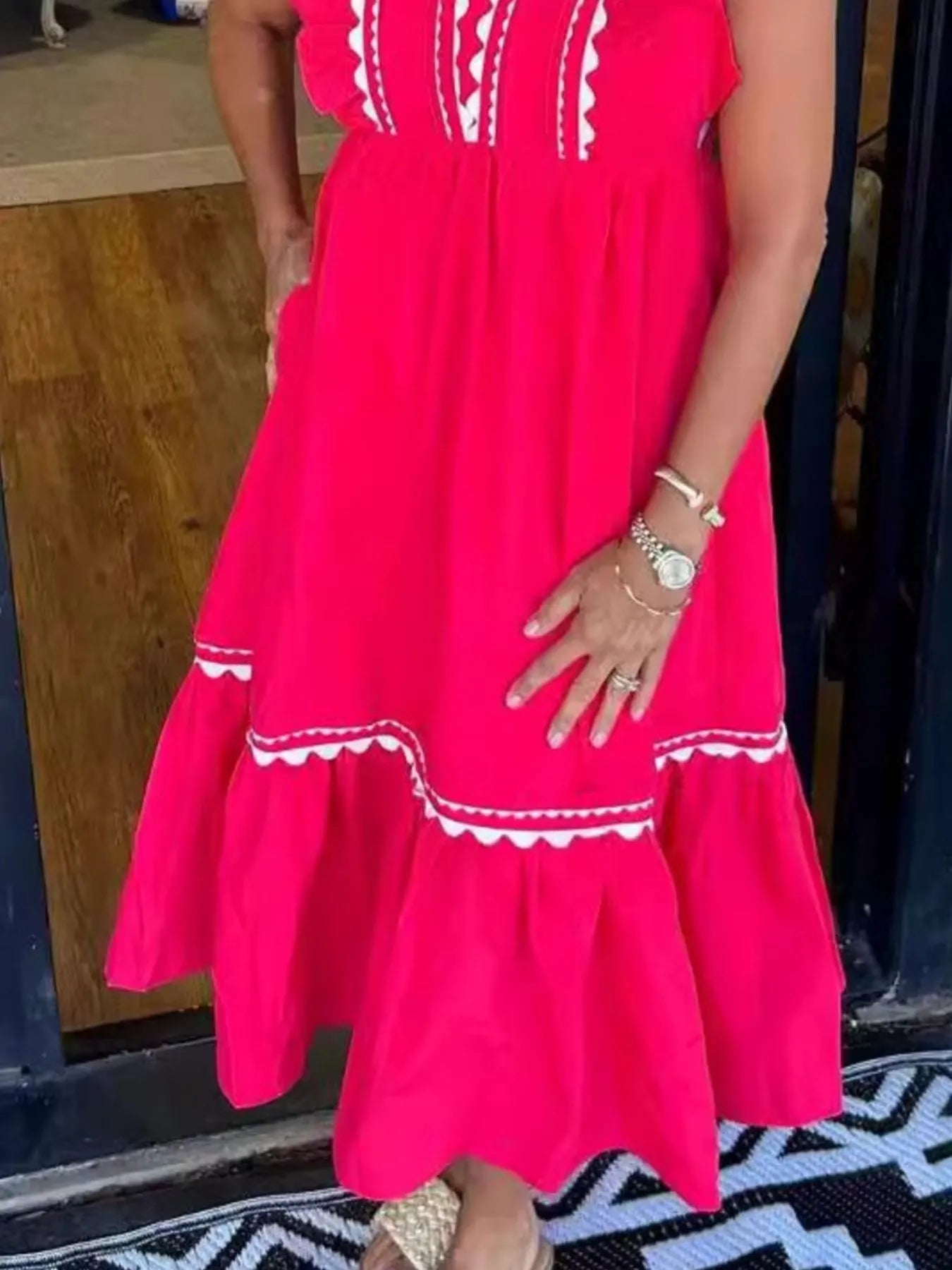 Full Size Contrast Trim Ruffled Cap Sleeve Dress Plus Size - Velora