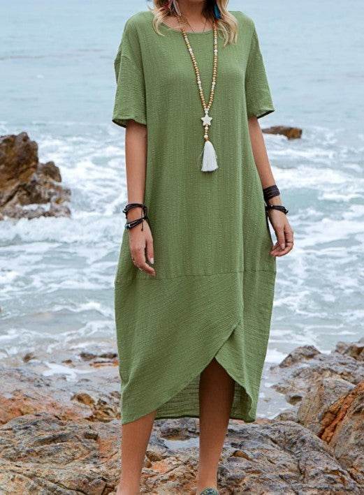 Women Maxi Dress Neck Pocket Summer Loose Casual Baggy Robe Female Retro Long Dresses - Velora