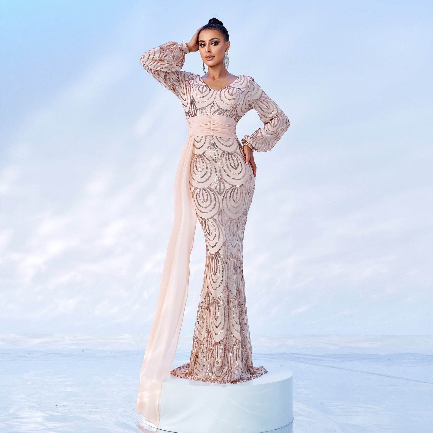 Long Sleeve Sexy Long Sequined V-neck Banquet Ribbon Evening Dress - Velora