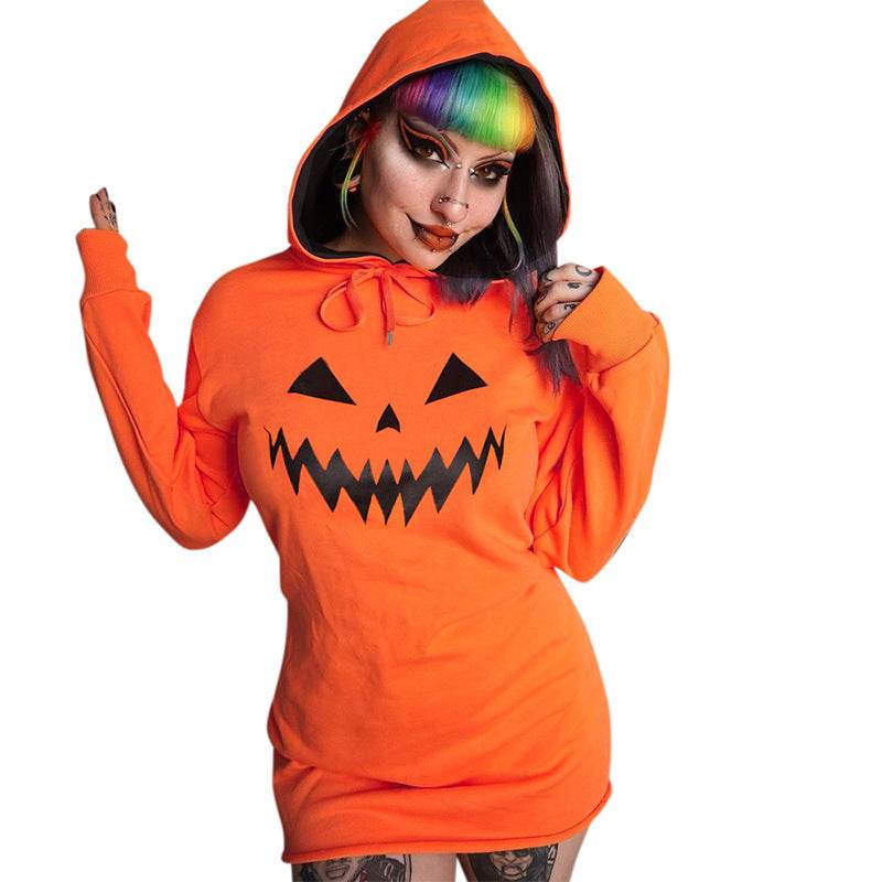 Halloween Costume Pumpkin Print Long Sleeve Hoodie Dress - Velora