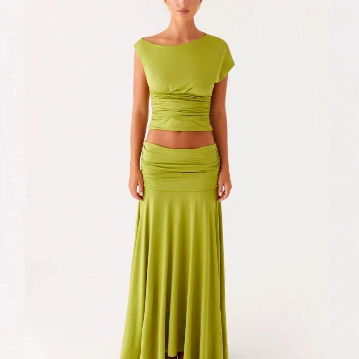 Cropped Pleated Slim-fit Sheath Skirt Suit - Velora