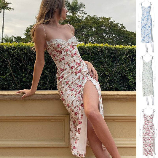 Lace Flowers Print Long Dress Sexy Fashion Slit Suspender Dress Summer Womens Clothing - Velora