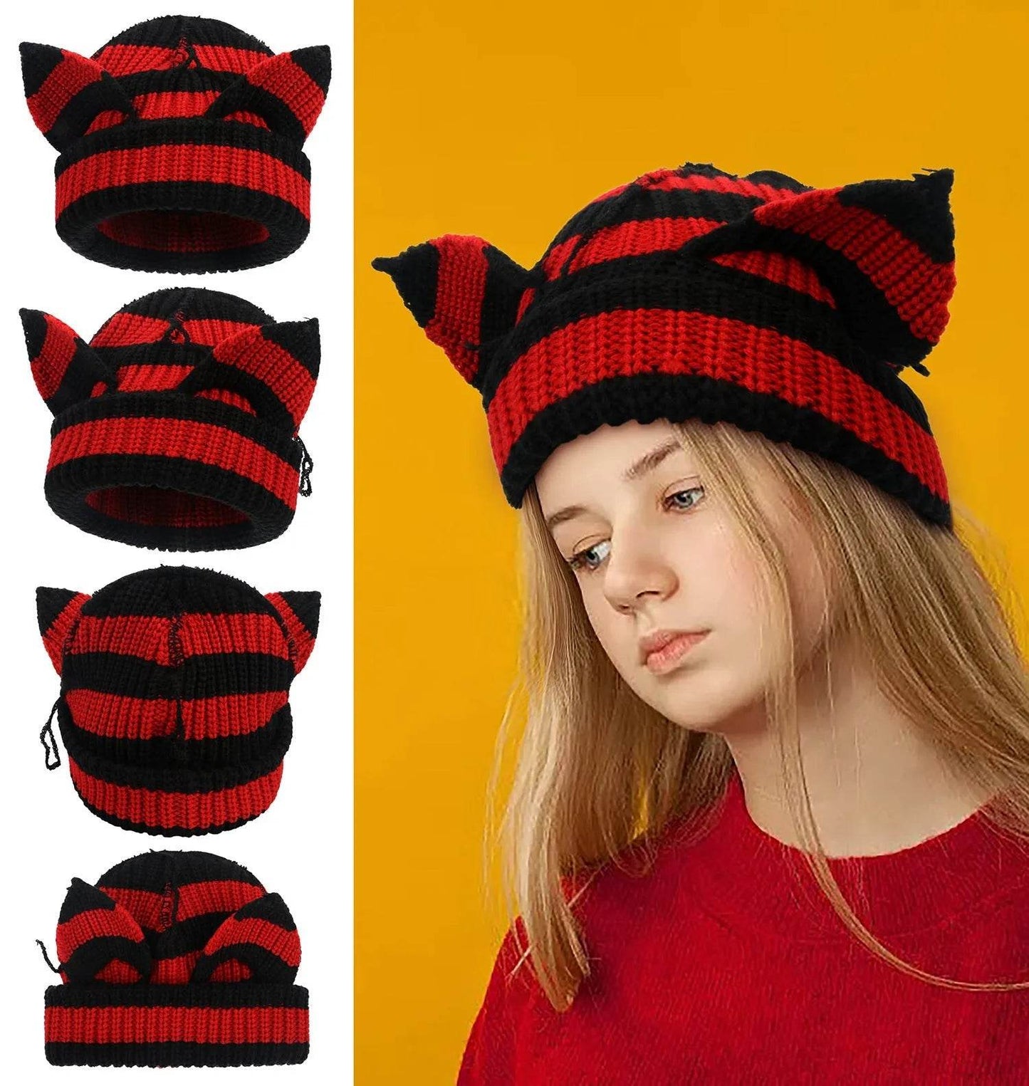 Devil Ears Thickened All Acrylic Knitted Beanie Hat - Velora