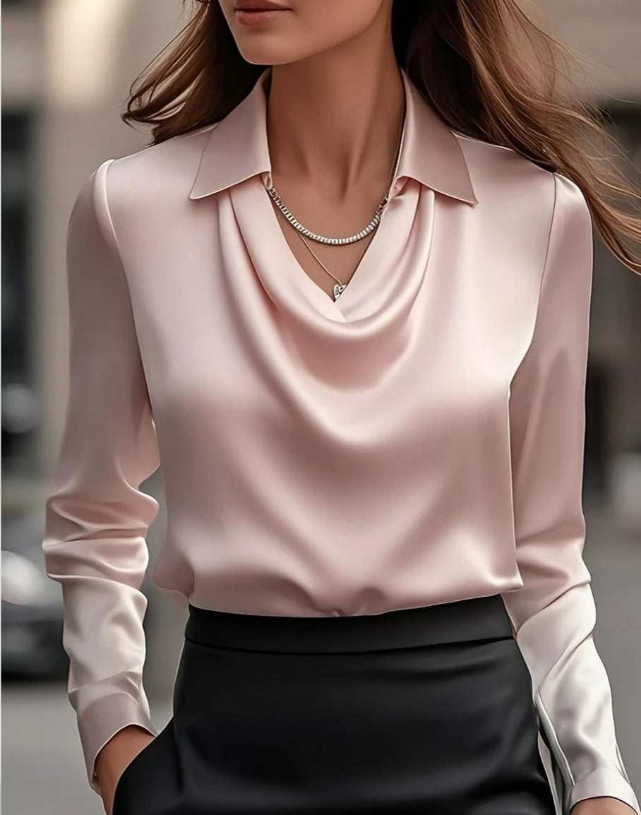 Women's Swing Collar Draped Shirts & Blouses Elegant Solid Satin Office Ladies Top Pullover Spring Long Sleeve Casual Tops - Velora