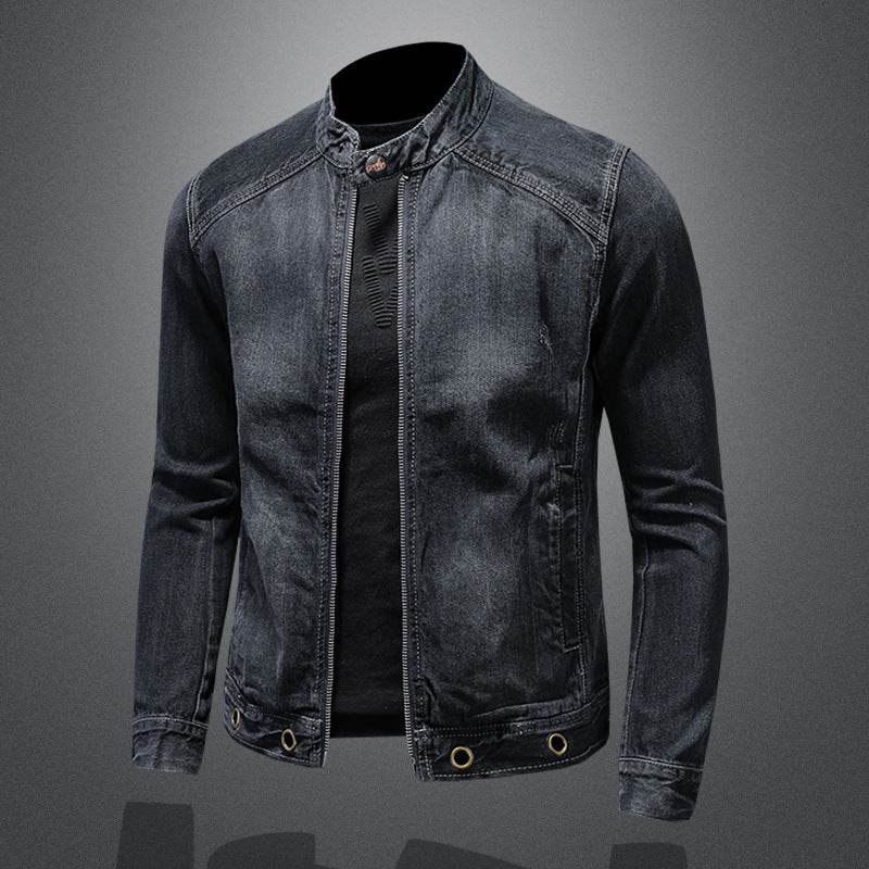 Men's Stand-up Collar Dark Blue Motorcycle Vintage Zipper Denim Coat - Velora