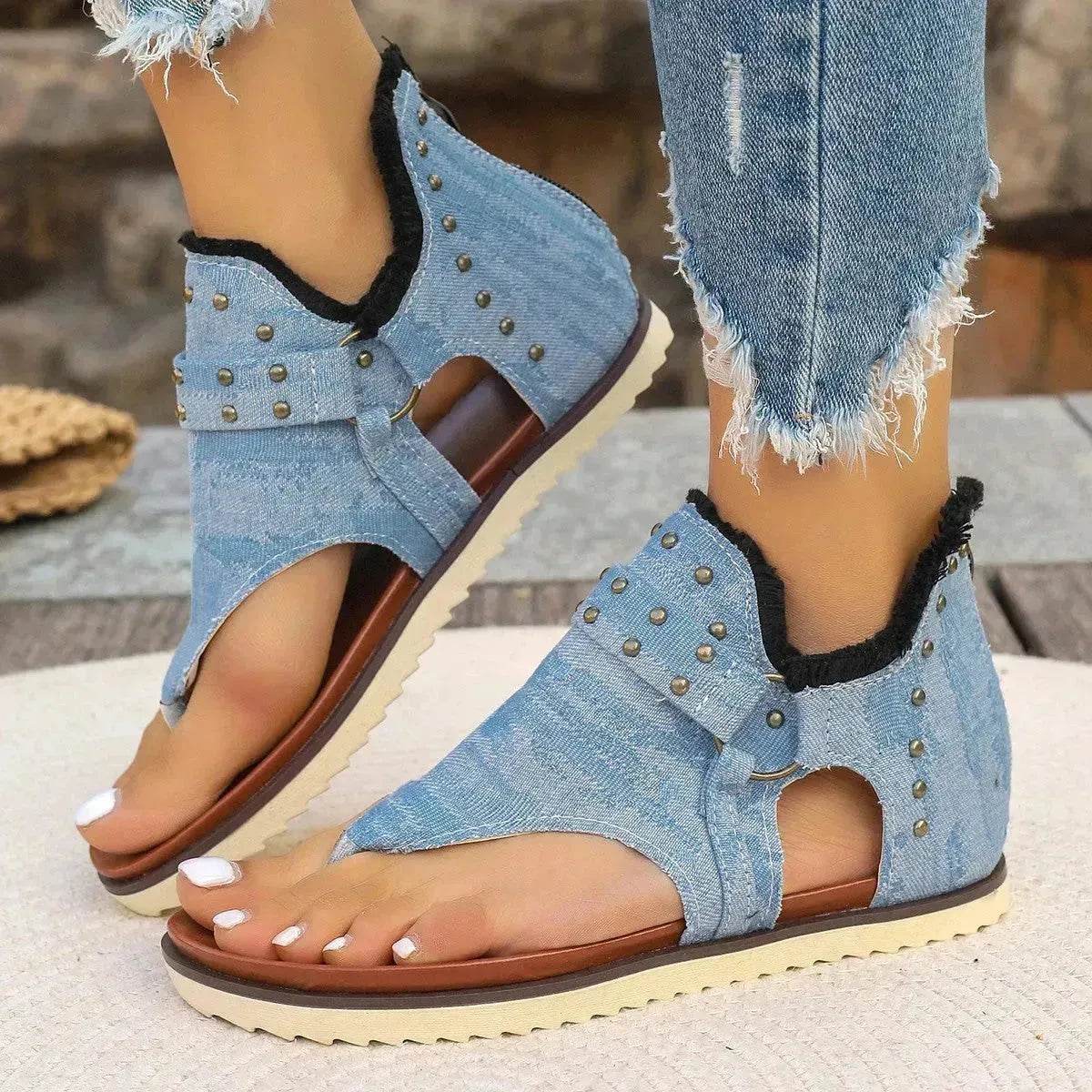 Denim Thong Sandals With Rear Zipper Summer Retro Beach Flat Sandals - Velora