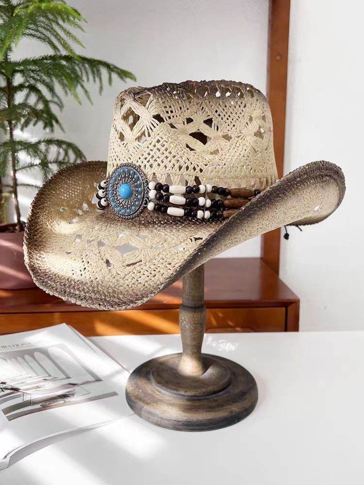 Summer Outdoor Ethnic Style Felt and Straw Cowboy Hat - Velora