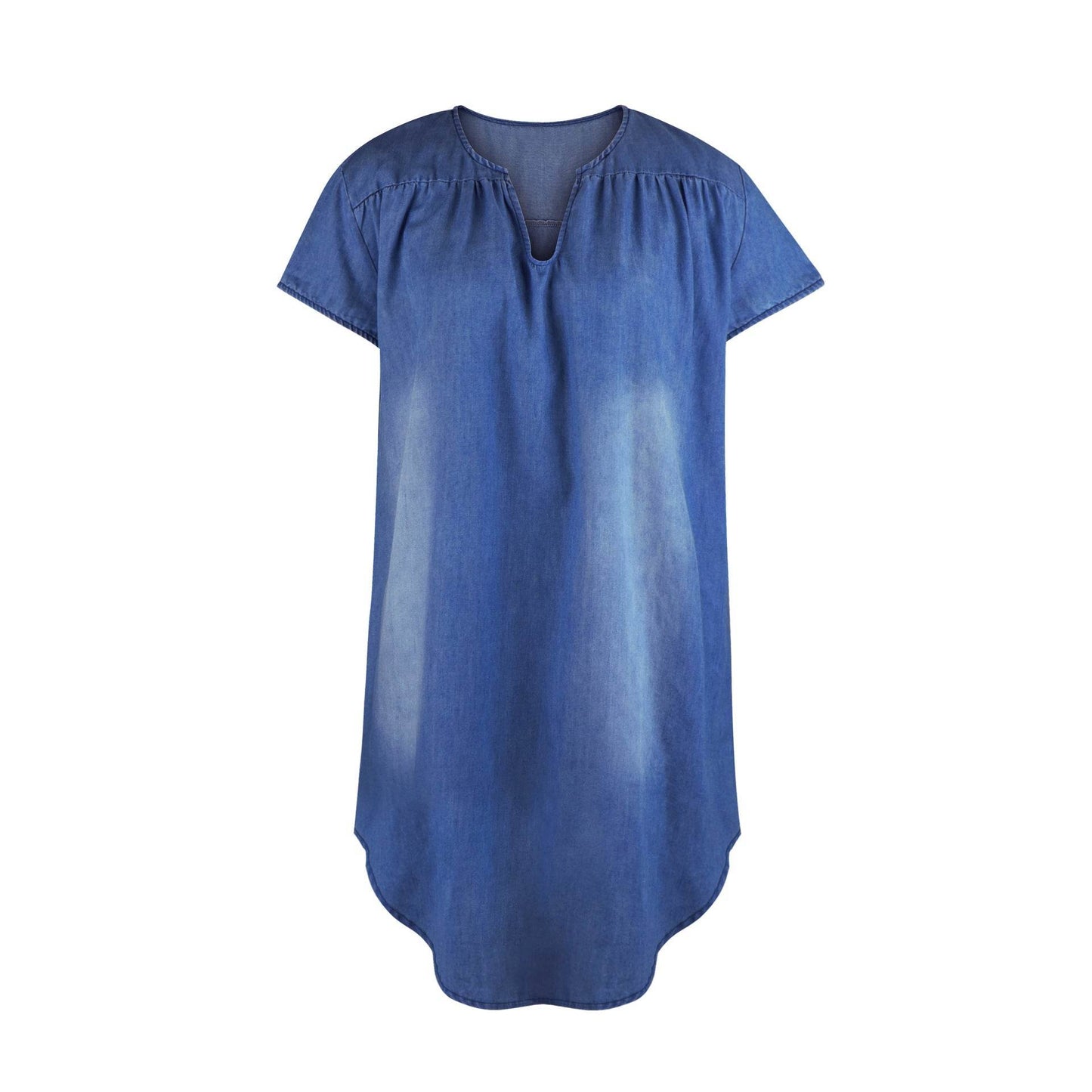 Round Neck Pleated Loose Solid Color Casual Plus Size Denim Dress - Velora
