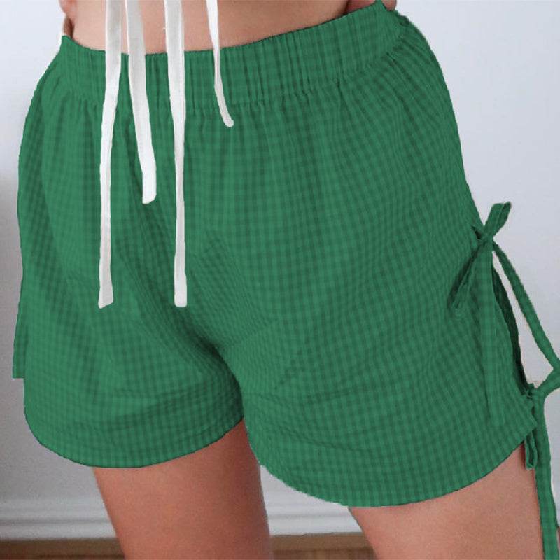 Loose Plaid Print Shorts With Lace-up Design Summer Fashion Y2K Elastic Band Pants For Women - Velora