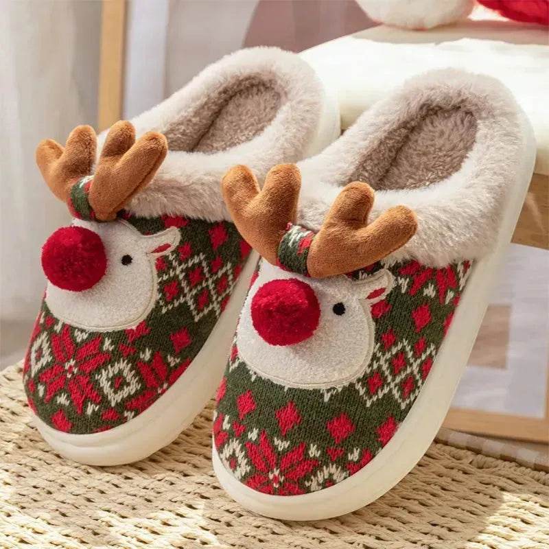 Cute Christmas Elk Plush Slippers Winter Ins Fashion Non-slip Floor Bedroom Home Slippers For Women Fuzzy House Shoes - Velora