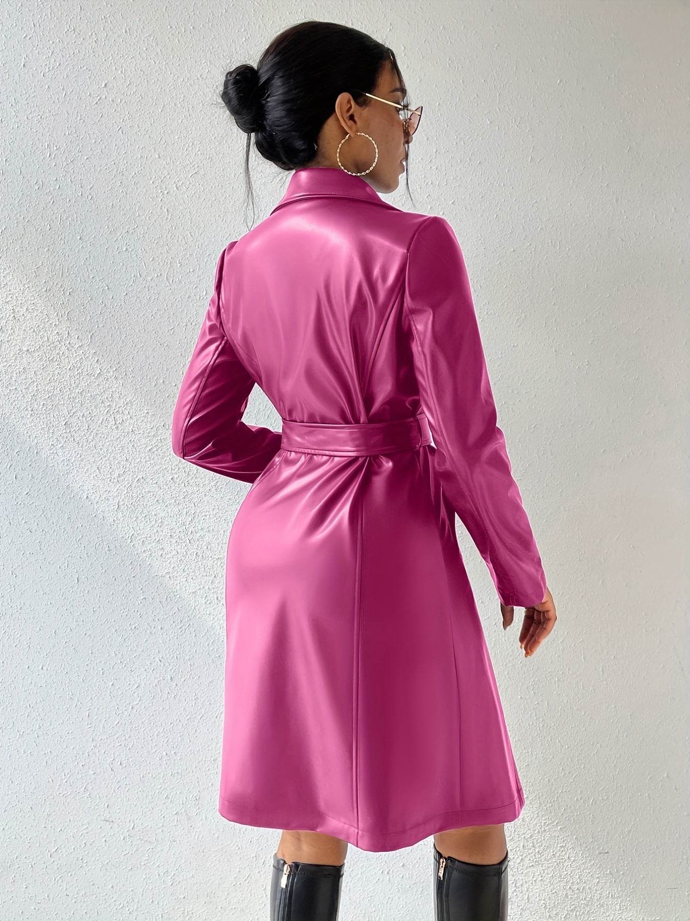 Long Sleeve Lapel PU Leather Jacket With Pockets Slim Fit Long Trench Coat Women's Clothing - Velora
