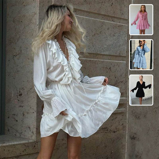 Fashion V Neck Pleated Ruffle Long Sleeve Dress Y2K V Neck Flared Sleeve Short Dress Women's Clothing - Velora