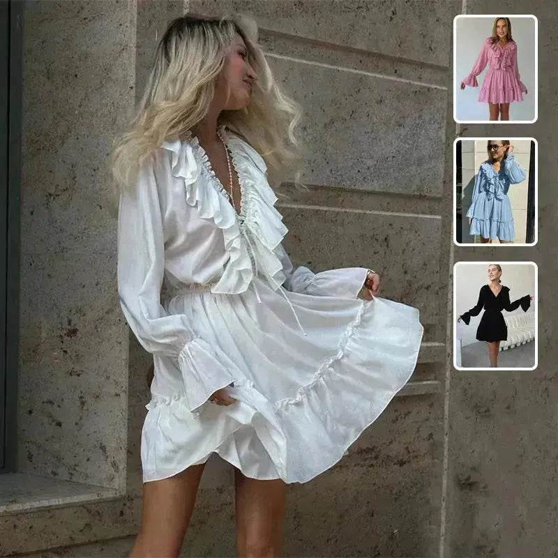 Casual Fashion V Neck Pleated Ruffle Long Sleeve Dress Y2K V Neck Flared Sleeve Short Mini Skater Dress Women's Clothing - Velora