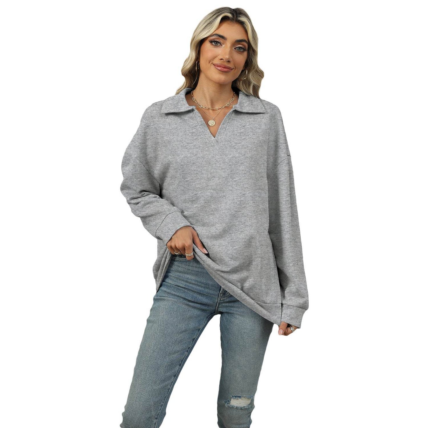 New Lapel V-neck Sweatshirt Fashion Casual Loose Solid Color Long-sleeved Pullover Top For Womens Clothing - Velora