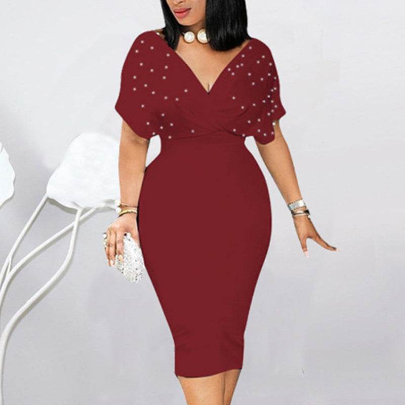 Women's Back Zipper dress Elegant Deep V Neck Wrap Bodycon Dress Pencil Midi Dress - Velora