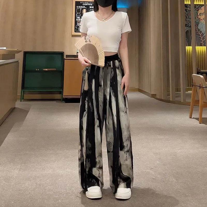 New Painting Ice Silk Wide-leg Baggy Trouser Pants Summer Women - Velora