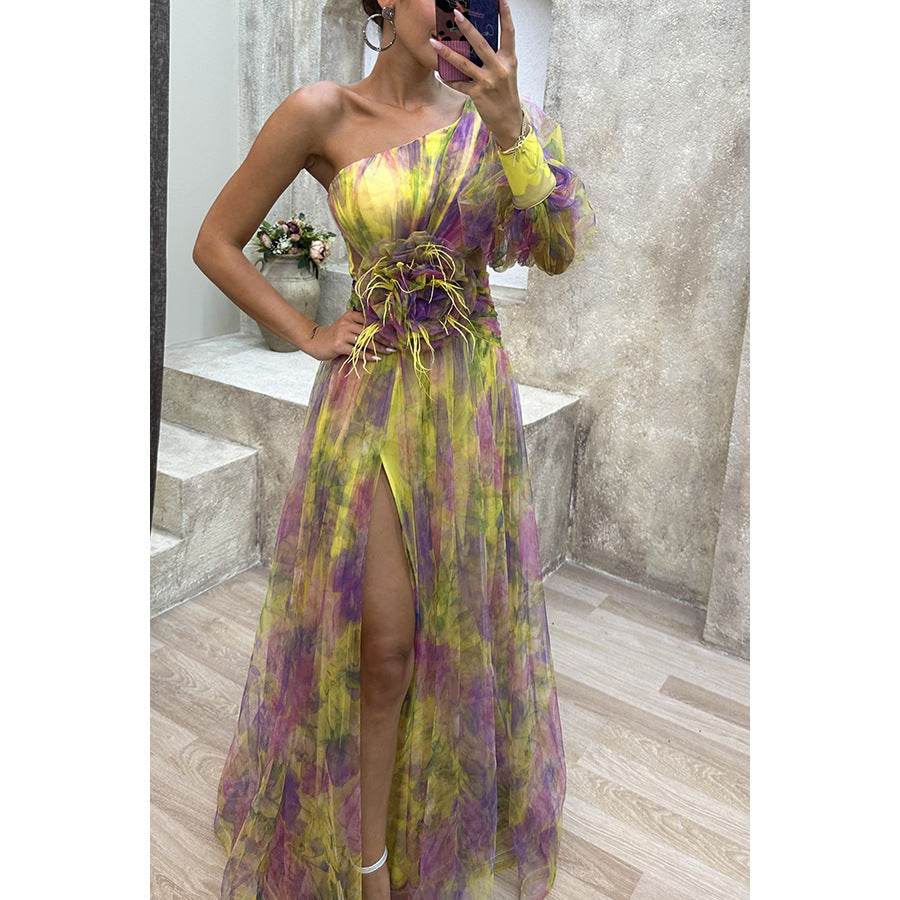 Mesh Tie-dye Printed Off-shoulder Slit Dress Summer INS Fashion Long Dress Party Womens Clothing - Velora