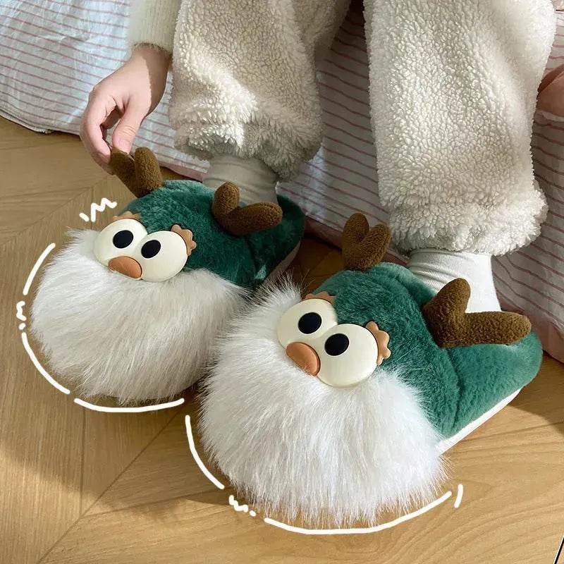 Cute Cartoon Christmas Deer Cotton Shoes Winter Indoor Floor Home Slippers Half-covered Heel Warm Plush Shoes Women - Velora