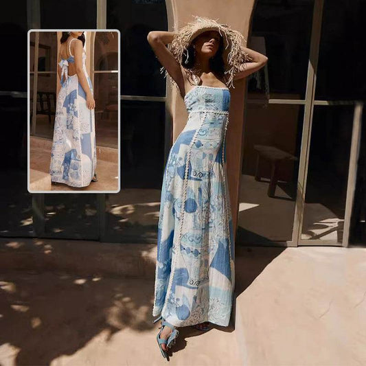 Flower Print Lace Sling Dress Sexy Backless Bow Suspender Long Dresses Womens Clothing - Velora