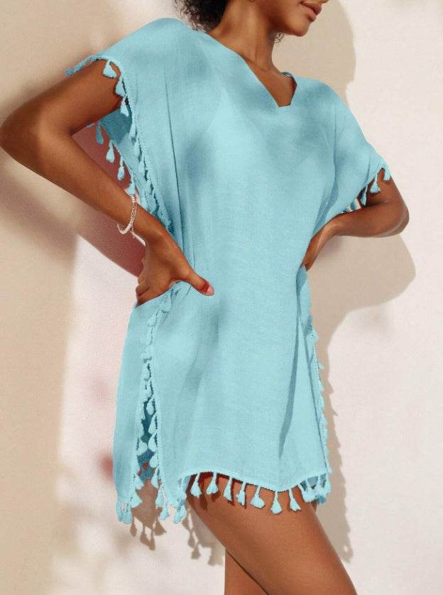 Summer Women's Solid Color Tassel Short Sleeve Top - Velora