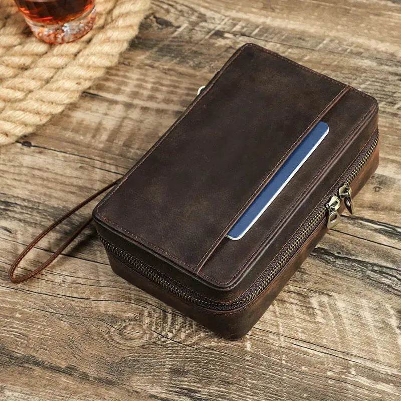 Portable Horse Leather Double Zipper Storage Cigar Travel Humidor Bag - Velora