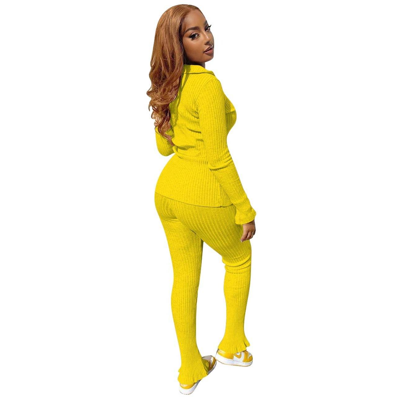 New Fashion Women Casual Slim fit Long sleeve Button down Athleisure wear 2pcs Outfit set - Velora