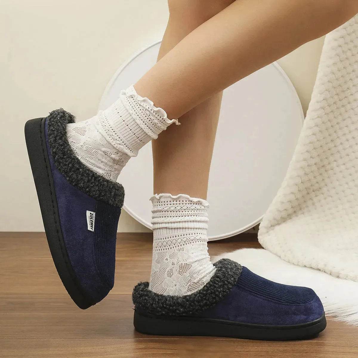 Fashion Solid Striped Cotton Slippers Winter Warm Indoor Bedroom Floor Slipper For Couples Non-slip Thick Sole House Shoes - Velora