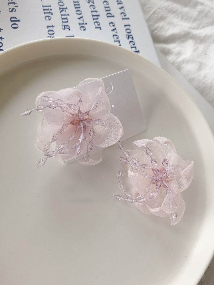 Temperament Flower Sweet Tulle Beaded Exaggerated Earrings - Velora