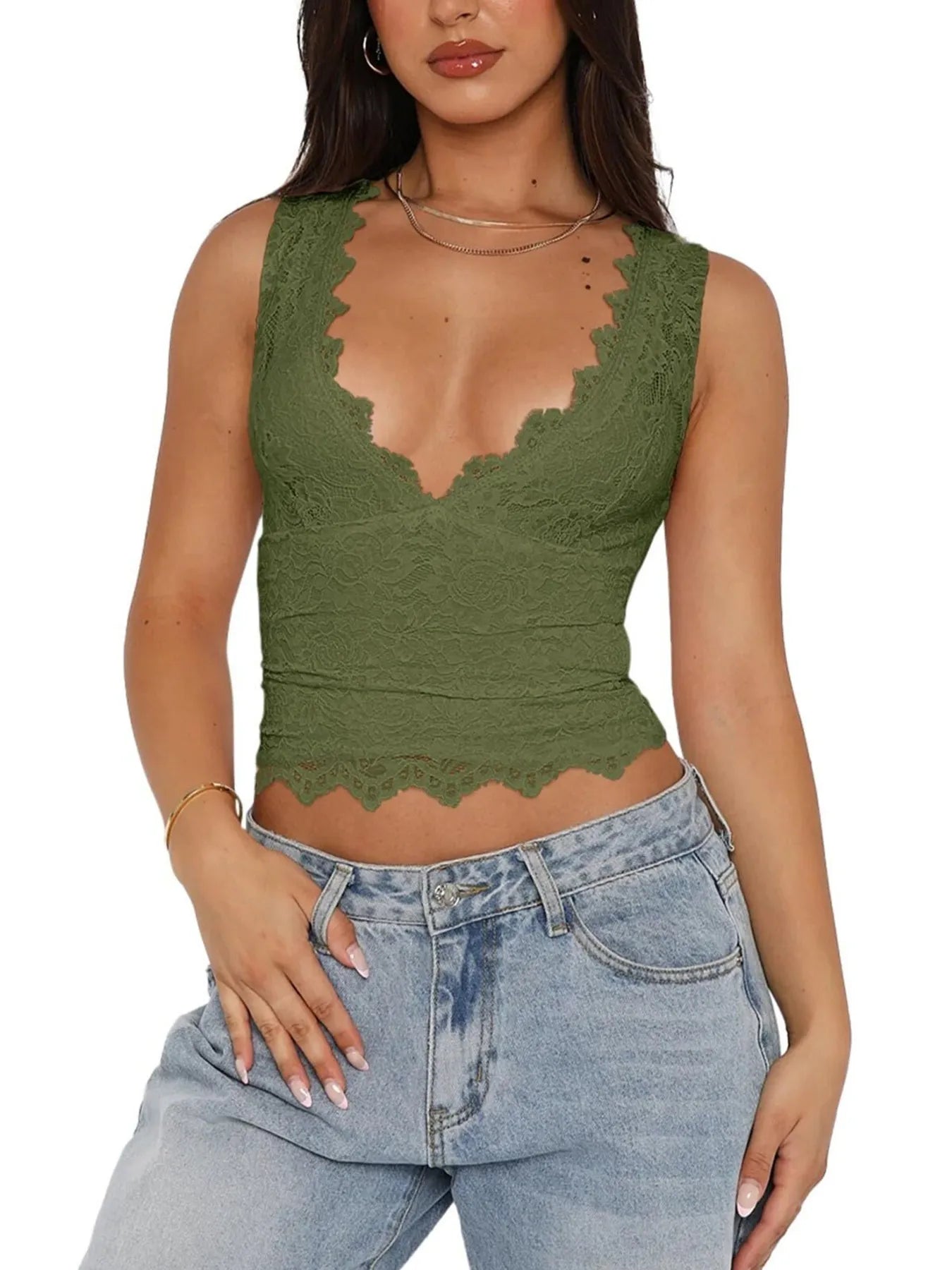 Lace V-Neck Cami Top with Scalloped Hem - Velora
